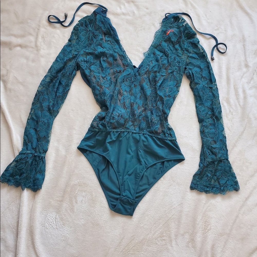 Teal Deep V Lace Bell Sleeved Lulumari Bodysuit - Picture 2 of 8